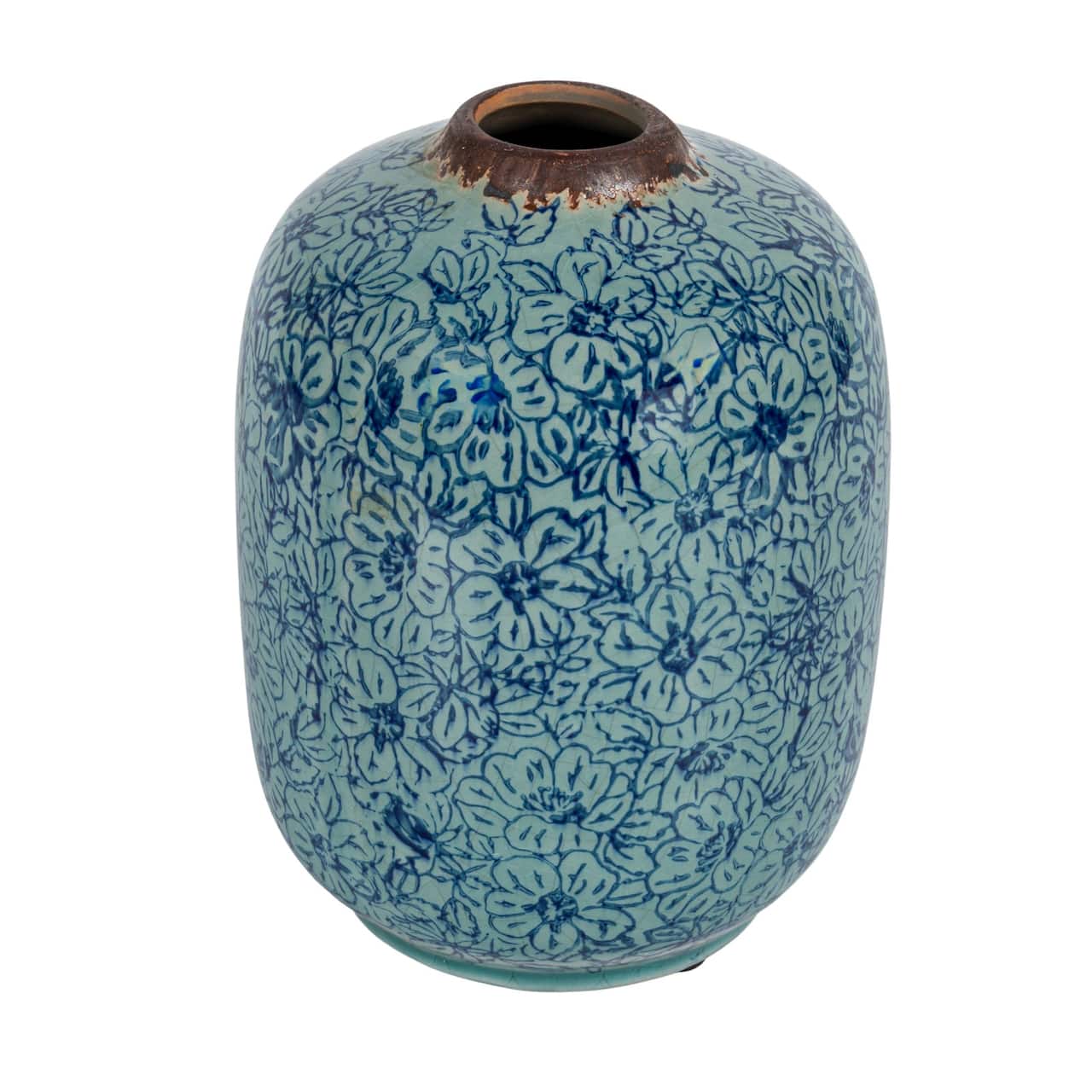 Hello Honey® 7" Distressed Blue Terracotta Vase with Floral Pattern